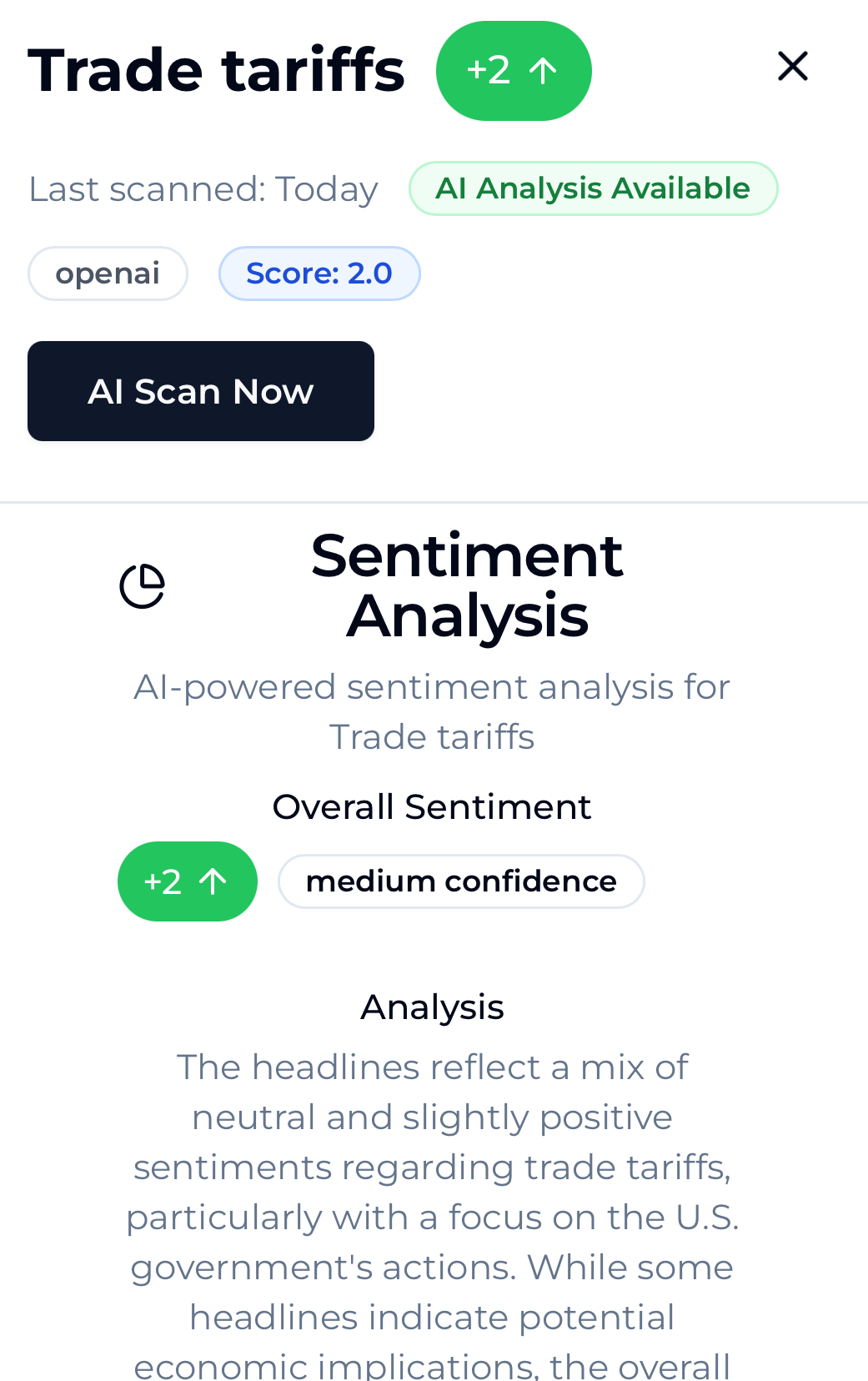 VibeTrack Analysis Interface - Trade tariffs sentiment analysis showing +2 positive sentiment, AI analysis available, and detailed sentiment breakdown with medium confidence rating