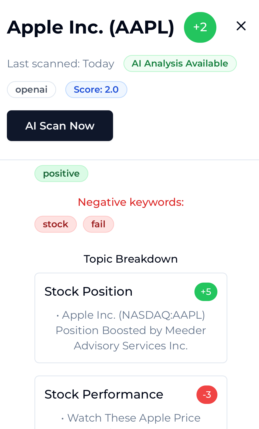 VibeTrack AI Analysis - Apple Inc. (AAPL) detailed analysis showing positive sentiment, topic breakdown with stock position and performance insights
