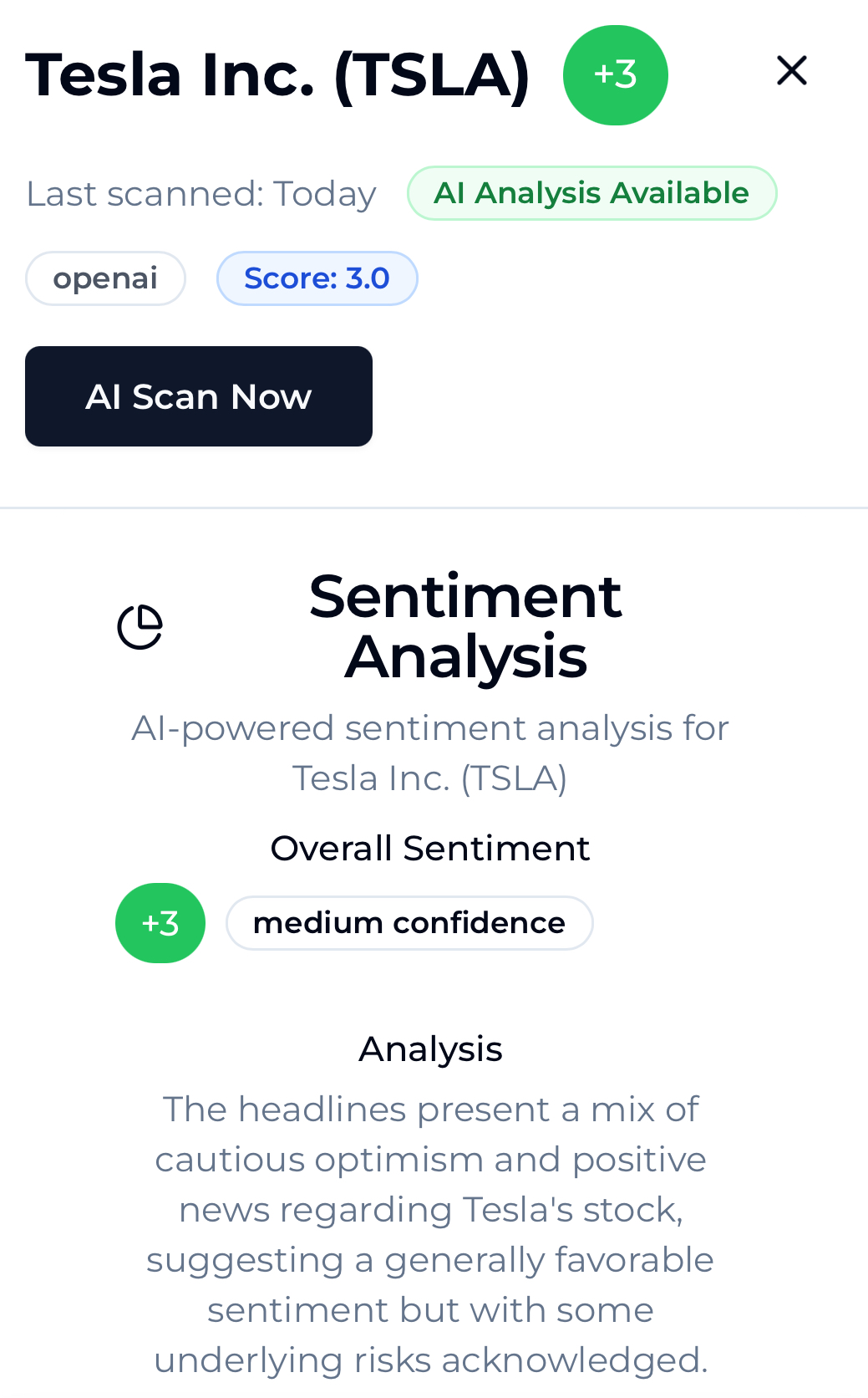 VibeTrack Financial Mode - Tesla Inc. (TSLA) showing detailed sentiment analysis with +3 score, medium confidence rating, and AI-powered analysis